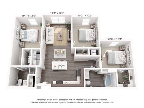 Floor plan for 3 beds, 2 baths, 1045 sqft